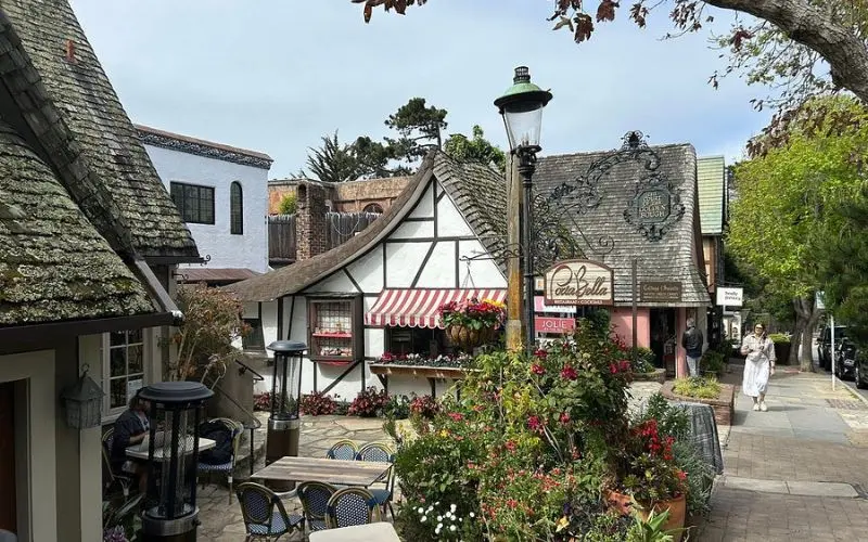 European-style buildings and shops along Ocean Avenue.