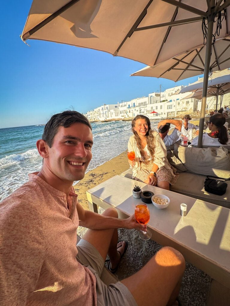 My photo of me and my wife at a waterfront bar in Paros, Greece
