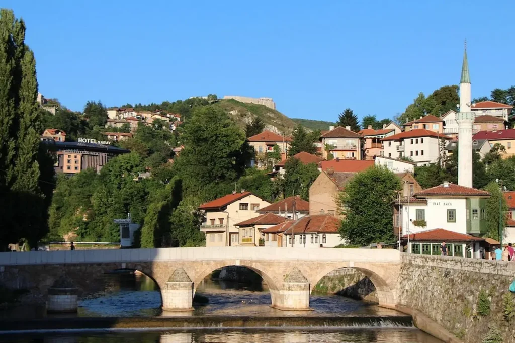 Historic Šeher-Ćehaja Bridge crossing the Miljacka River in Sarajevo