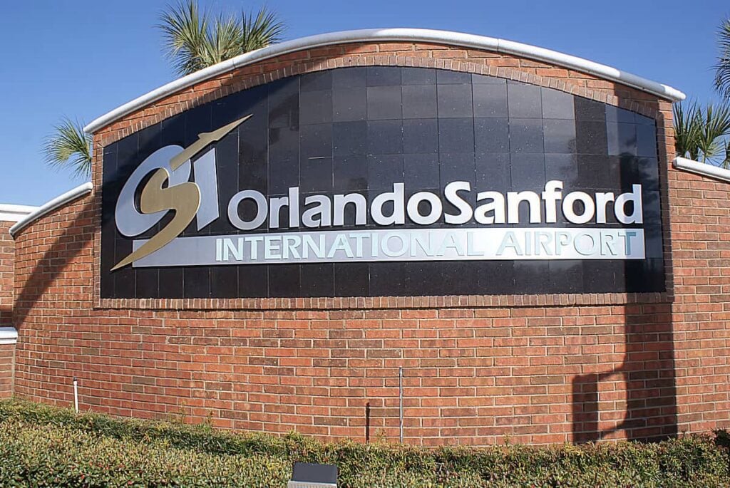 The main sign for Orlando Sanford International Airport in Florida