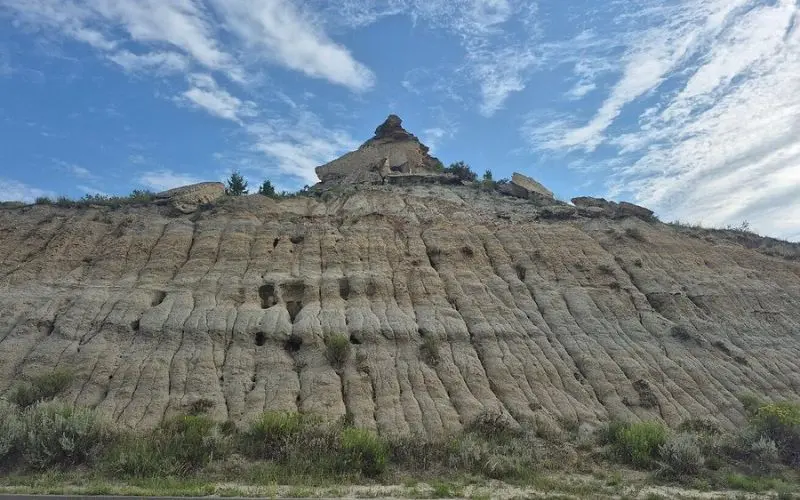 Eroded rock formations and cliffs at Theodore Roosevelt National Park.