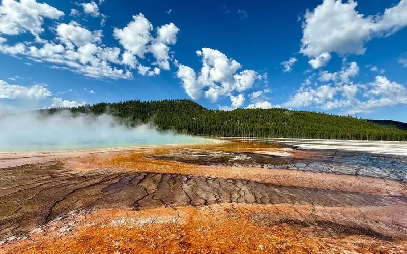Colorful hot spring with steam rising in Yellowstone National Park.