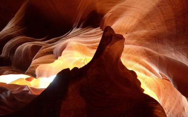 Sunlit sandstone walls inside Antelope Canyon.