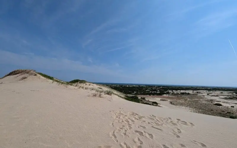 Footprints in the sand leading over the dunes at Dune Shacks of Peaked Hill Bars Historic District.