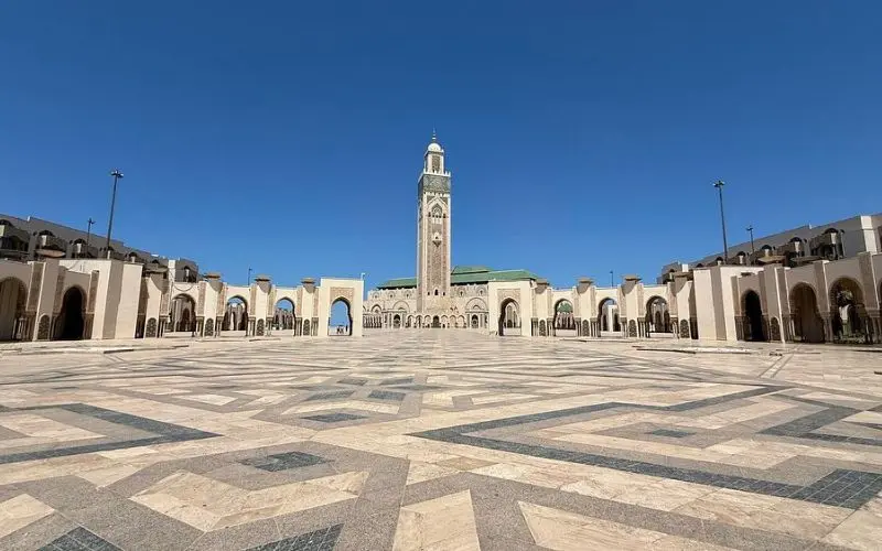 Wide plaza in front of the Hassan II Mosque in Casablanca.