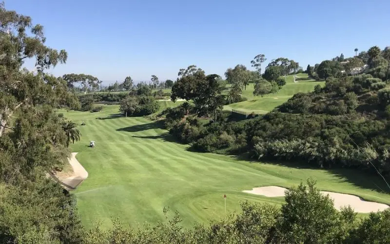 Green fairways and trees at La Jolla Country Club golf course.
