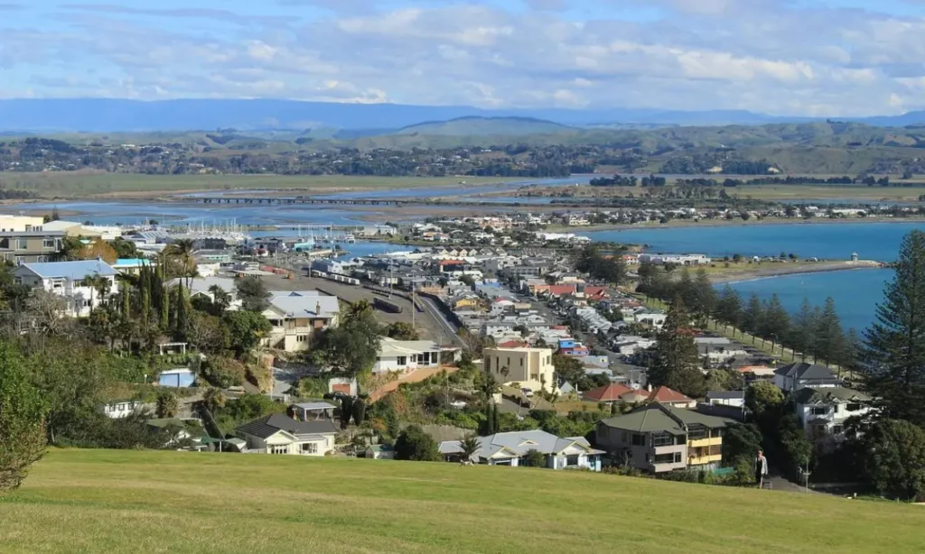 Aerial view of coastal town with houses, harbor, and surrounding hills in Napier.
