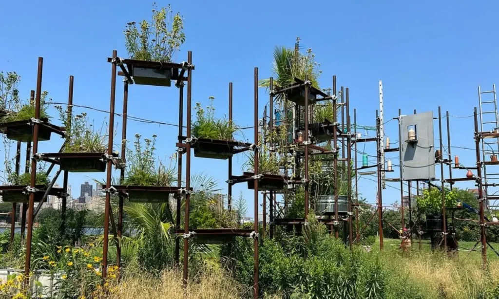 Metal structures filled with plants stand under a bright blue sky at Socrates Sculpture Park.