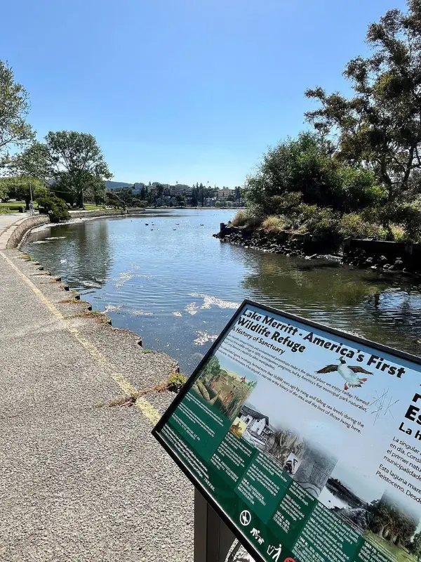 Lake Merritt is a wildlife refuge with a sign and calm waterside view.