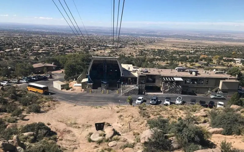 A cable car station sits at the base of the Sandia Peak Tramway.