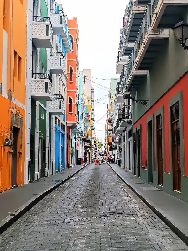 Brightly painted buildings line the narrow streets of Old San Juan.