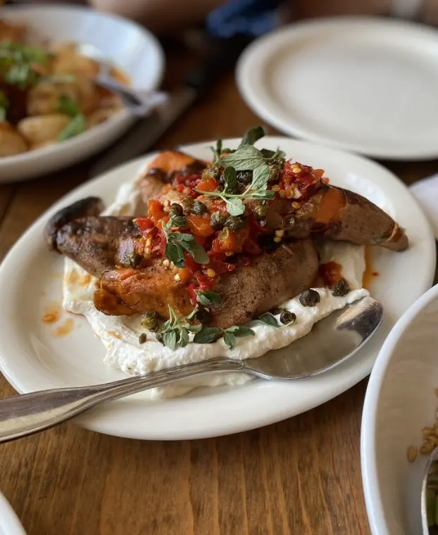 Crispy sweet potatoes, ricotta, Calabrian chiles, oregano, crispy capers