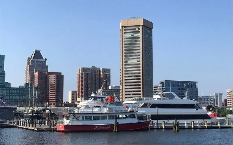 Boats and city skyscrapers line the waterfront at Inner Harbor in Baltimore.