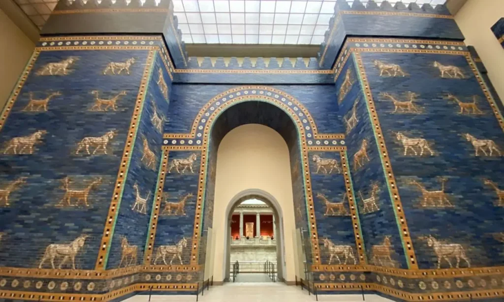 The reconstructed blue Ishtar Gate inside the Pergamon Museum.