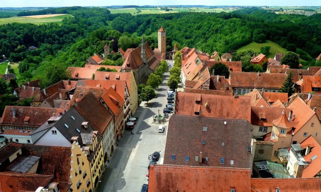 Aerial view of Rothenburg ob der Tauber’s red-roofed buildings along the Romantic Road.