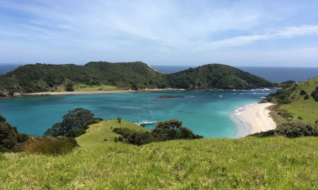 Aerial view of Bay of Islands showing turquoise water, sandy beach, and green hills.
