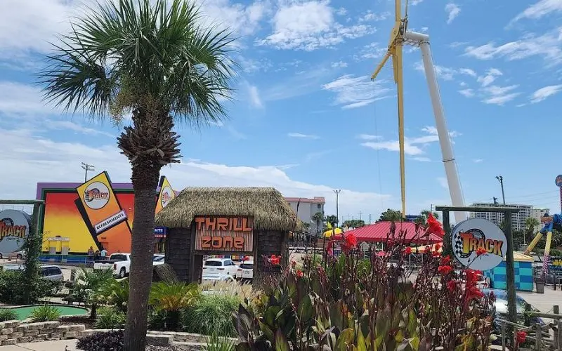 Colorful rides and attractions at The Track Family Recreation Center.