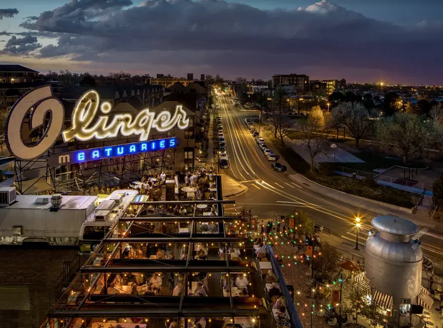 View of the iconic OLinger sign, retrofitted for Linger