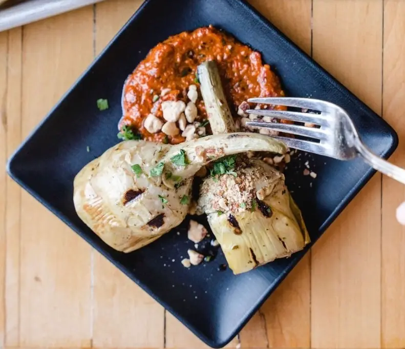 Grilled Artichokes, Red Pepper Romesco, Toasted Almonds
