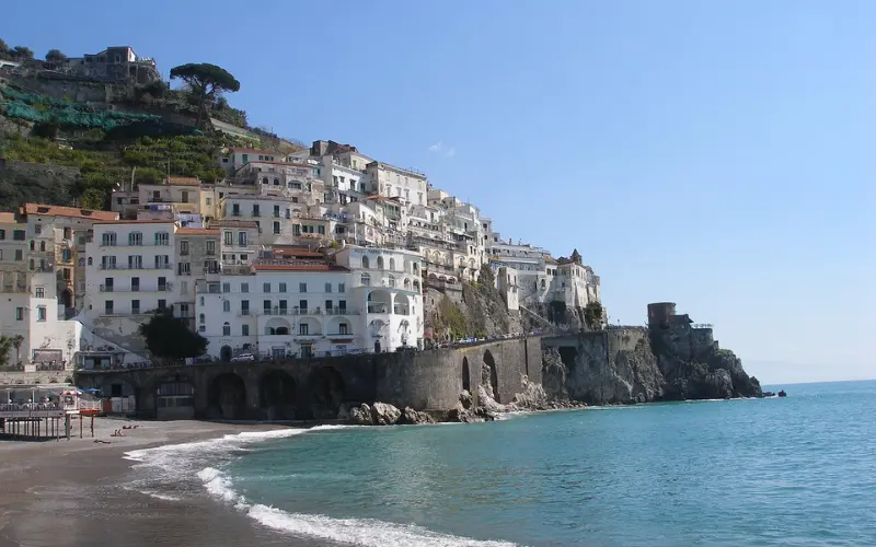 White cliffside houses overlooking the sea in Amalfi.