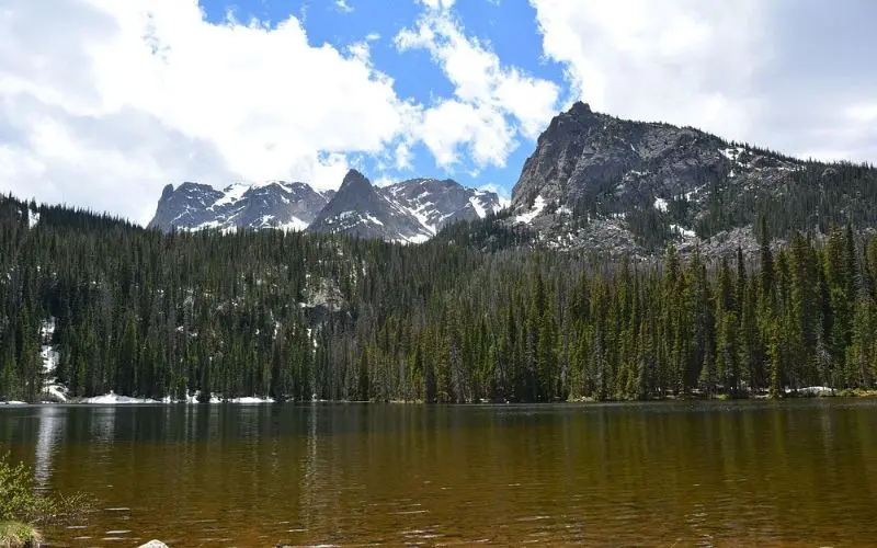 Forested mountain lake with snow-capped peaks at Fern Lake.