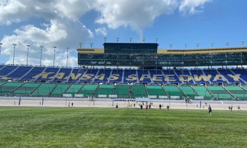 The grandstands of Kansas Speedway with the name spelled out in large letters.
