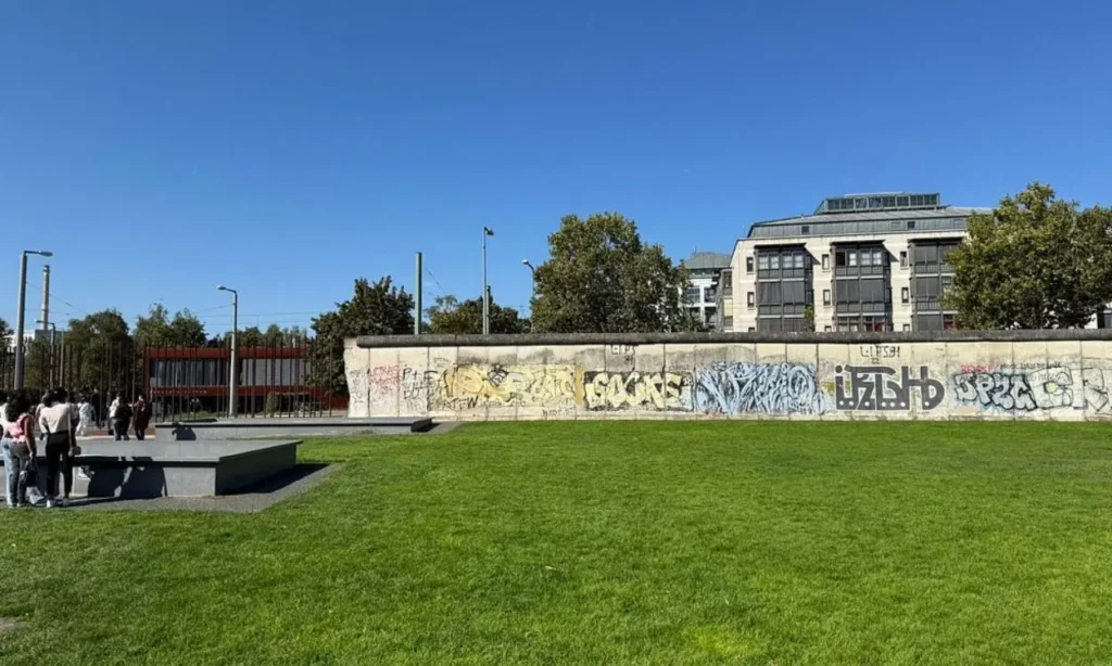 A section of the Berlin Wall with graffiti in a grassy open area.