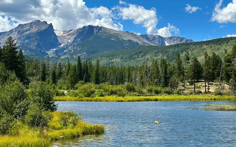 Calm water and mountain backdrop at Sprague Lake.