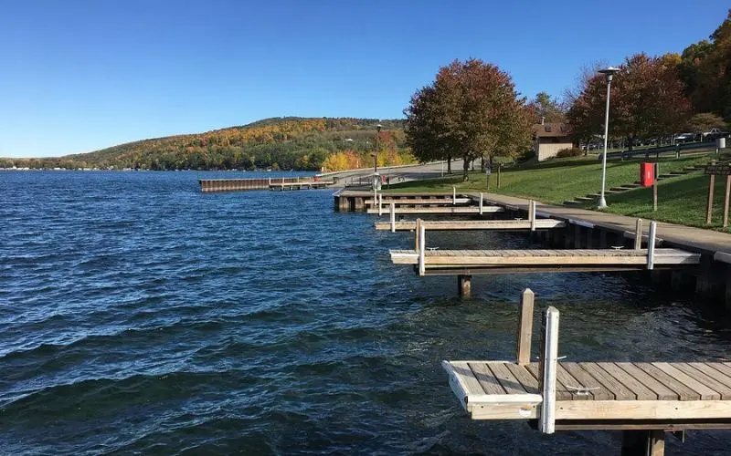 Wooden docks extend into the water at Keuka Lake State Park.