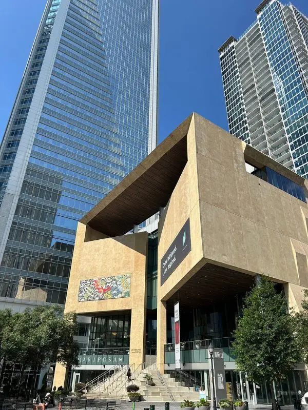 The modern architecture of the Mint Museum rises among tall skyscrapers.