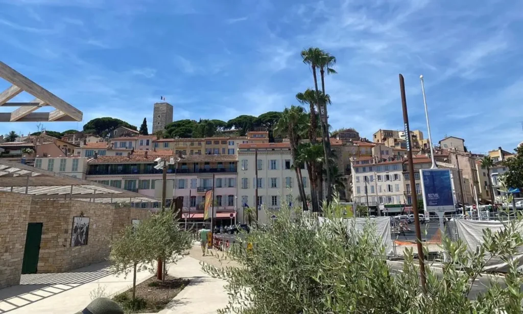 Colorful buildings line Boulevard de la Croisette with palm trees in the foreground.