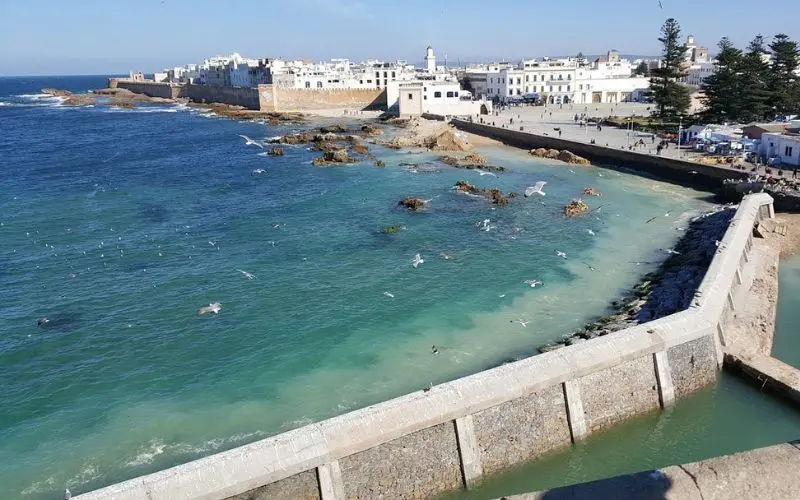 Coastal view of Essaouira with white buildings and city walls by the sea.