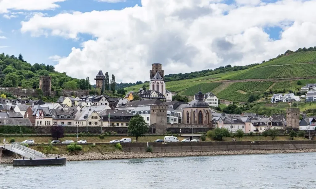 Scenic view of riverside town buildings and vineyards along the Rhine River.