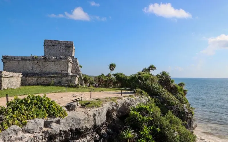 Ancient seaside ruins on cliffs at Tulum in Mexico.
