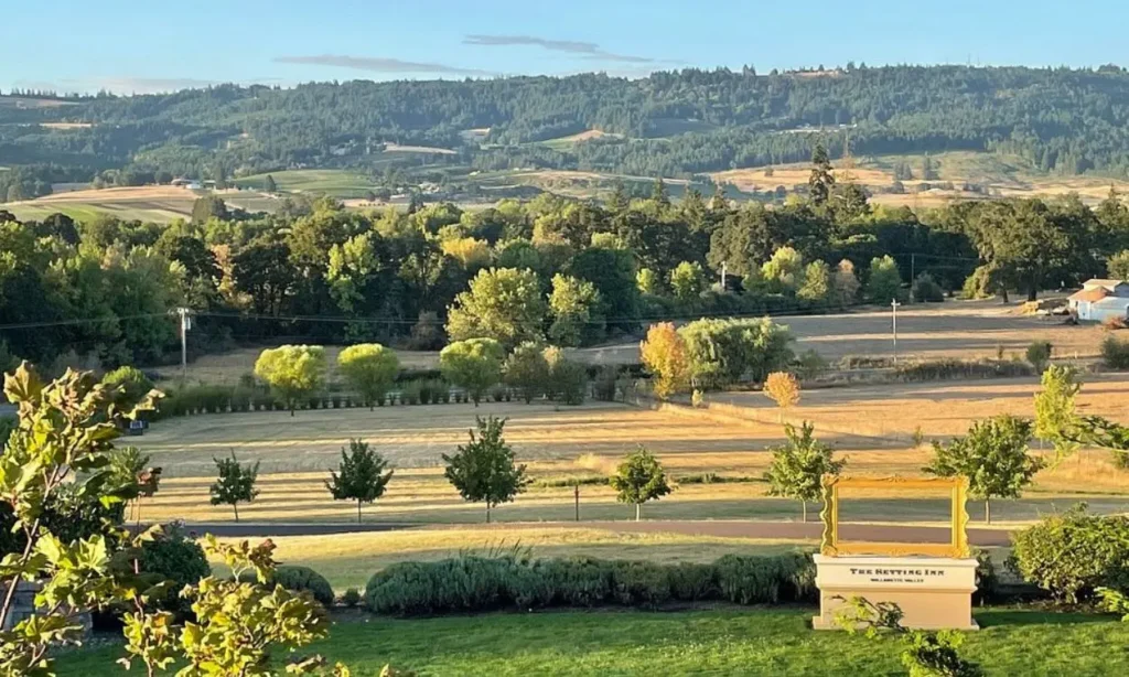 Rolling green hills and farmland stretching across Willamette Valley.