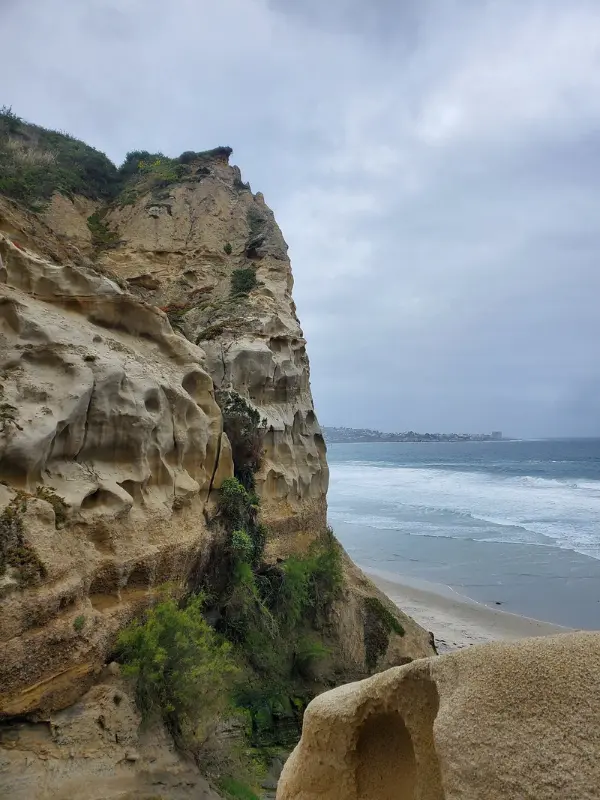 Tall sandstone cliffs rise above the shore at La Jolla Canyon.