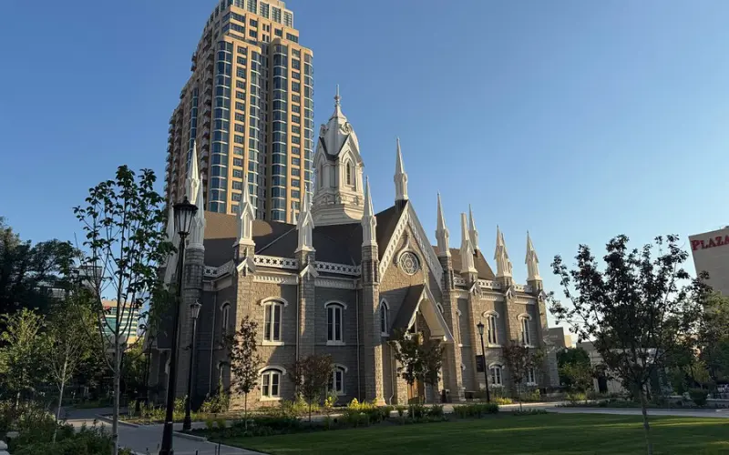Temple Square has a historic church building with tall spires in Salt Lake City.