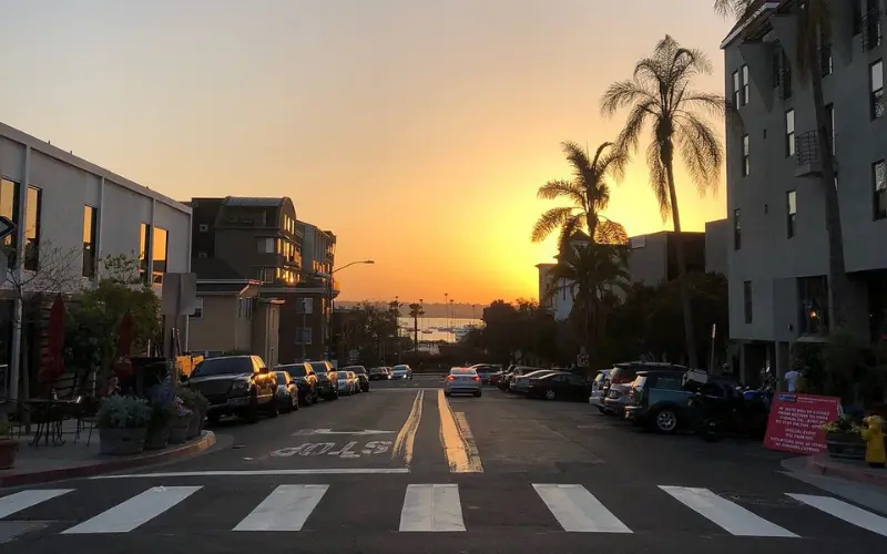 The sun sets over palm-lined streets near Old Town Trolley.