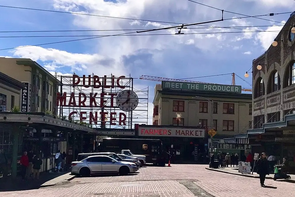 The famous Public Market Center sign at Pike Place Market in Seattle.