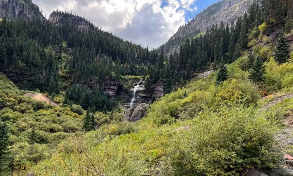 A view of Bear Creek Falls surrounded by lush green forest and mountains.