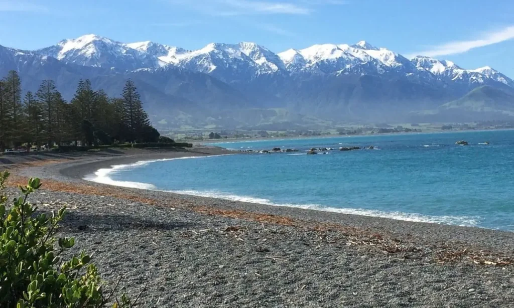 Pebble beach with turquoise water and snow-capped mountains in Kaikoura.