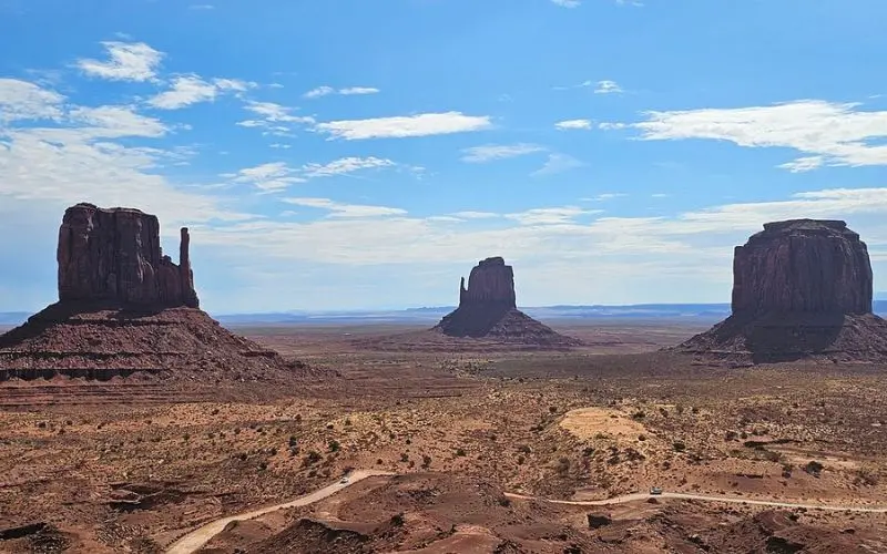 Iconic red rock buttes rising from the desert in Monument Valley.