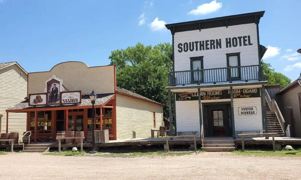 Historic buildings at Old Cowtown Museum resembling an Old West town.