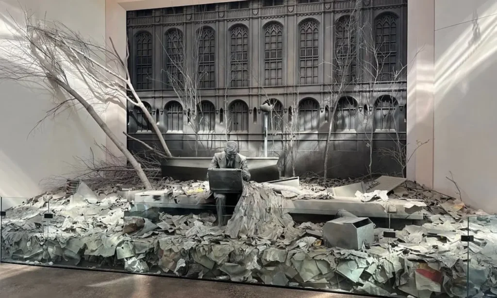 A dramatic gray installation at Grounds For Sculpture showing a man at a desk surrounded by debris and bare trees.