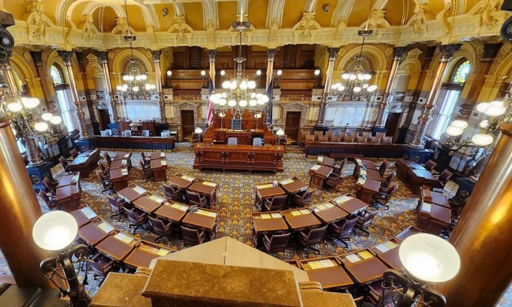 Ornate interior of the Kansas State Capitol with wooden desks and decorative columns.