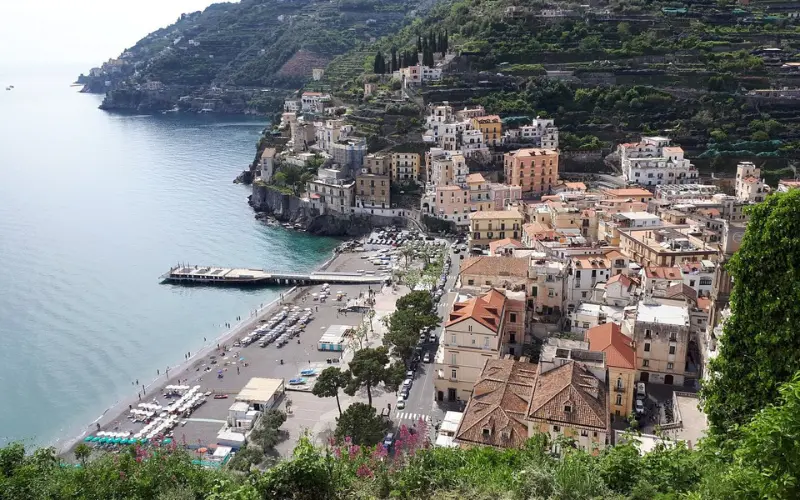 Aerial view of seaside towns Maiori and Minori with beaches.