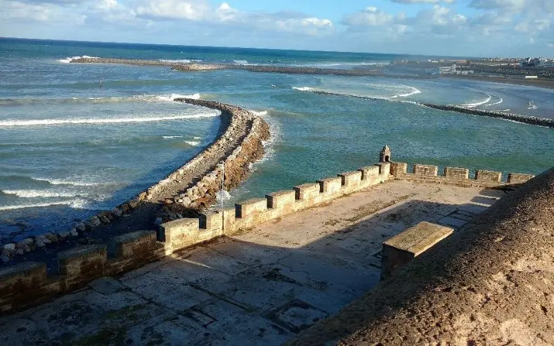 Stone walls along the Atlantic coast in Rabat with waves crashing below.