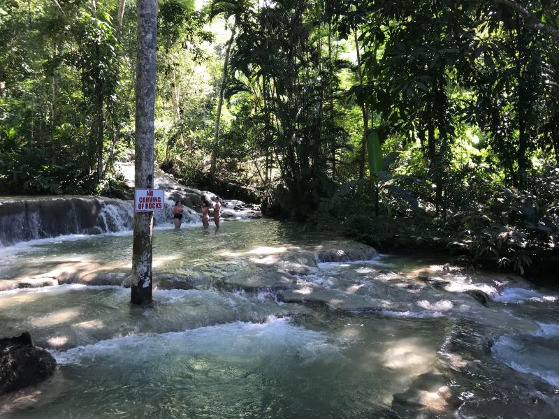 Clear turquoise water cascading down the rocky steps of Dunn's River Falls