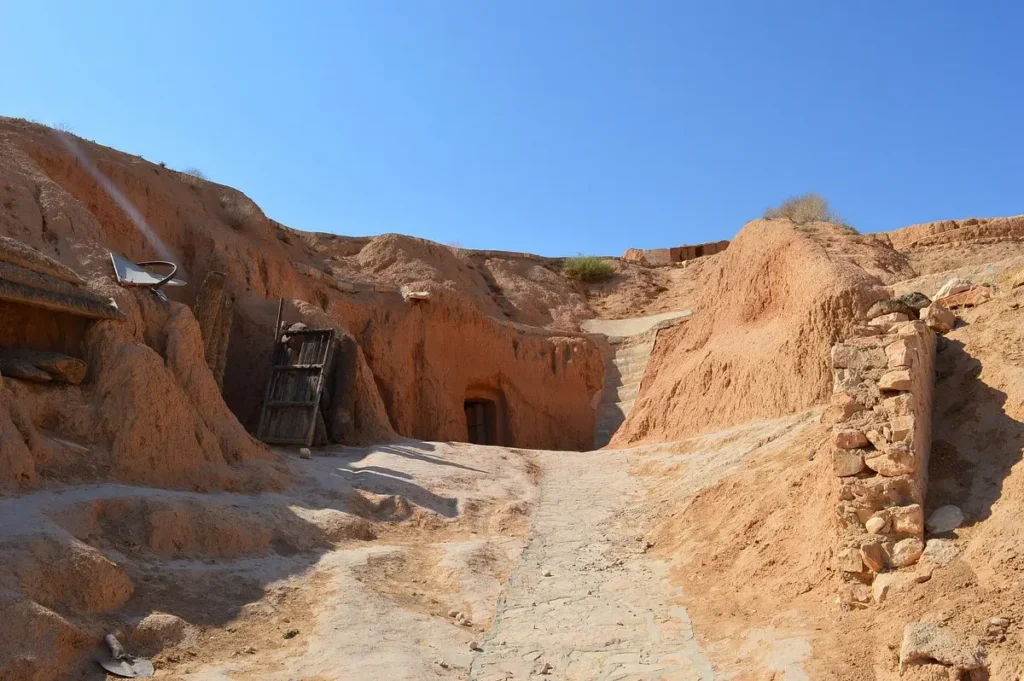 The troglodyte houses of Matmata carved into the desert hills of Tunisia.