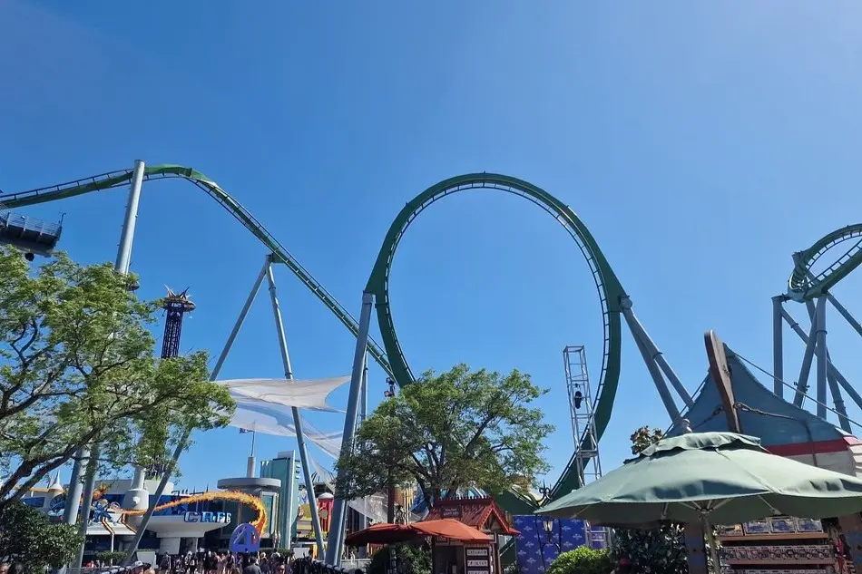 The Incredible Hulk Coaster at Universal Studios Florida towers over trees and park structures under a clear blue sky.